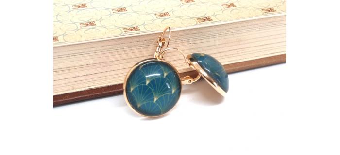 Boucles d'oreilles laiton doré et cabochon Bleu canard