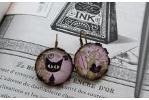 Boucles d'oreilles laiton bronze et cabochon Chat rose