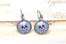 Boucles d'oreilles acier argenté et cabochon Calavera marine