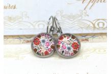 Boucles d'oreilles acier argenté et cabochon Floral blanc