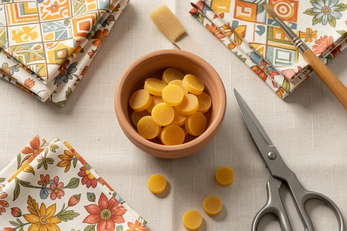 Pastilles de cire d&rsquo;abeille en coupelle, carrés de coton imprimé pliés et pinceau plat en bois