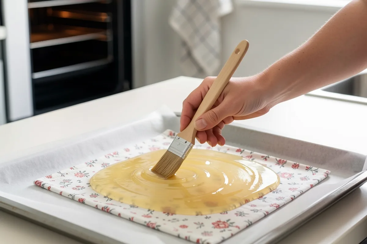 Mains étalant au pinceau la cire fondue sur un carré de tissu posé sur une plaque de four