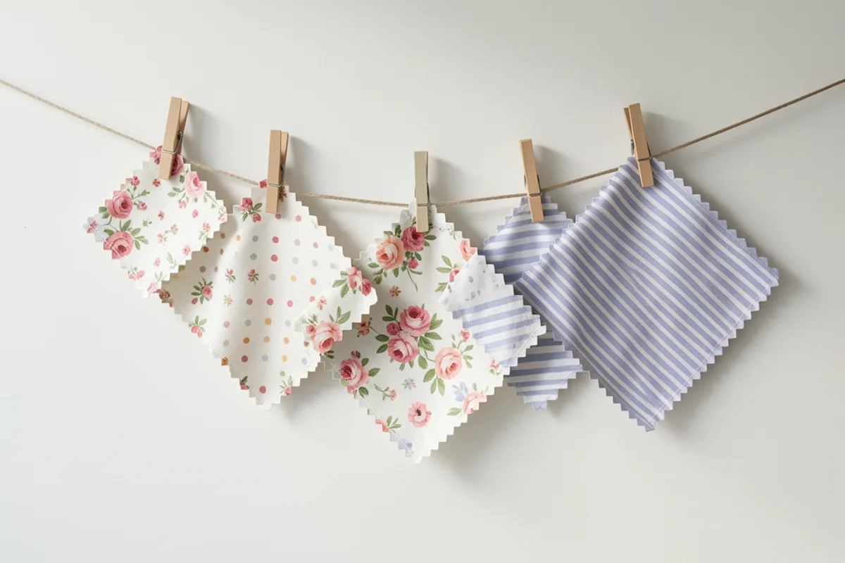 Bee wraps de plusieurs tailles suspendus à une ficelle avec des pinces à linge en bois