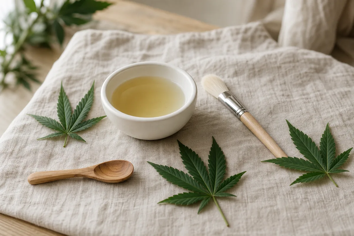 Bol en céramique blanche, pinceau en bois et feuilles de chanvre fraîches posés sur une nappe en lin froissé