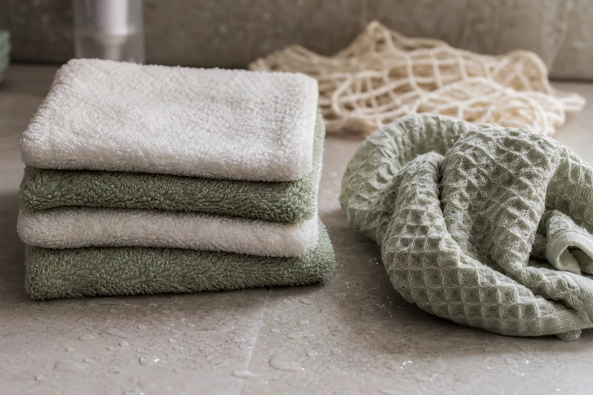 Lingettes lavables en coton éponge pliées près d’un gant de toilette humide sur une pierre claire de salle de bain
