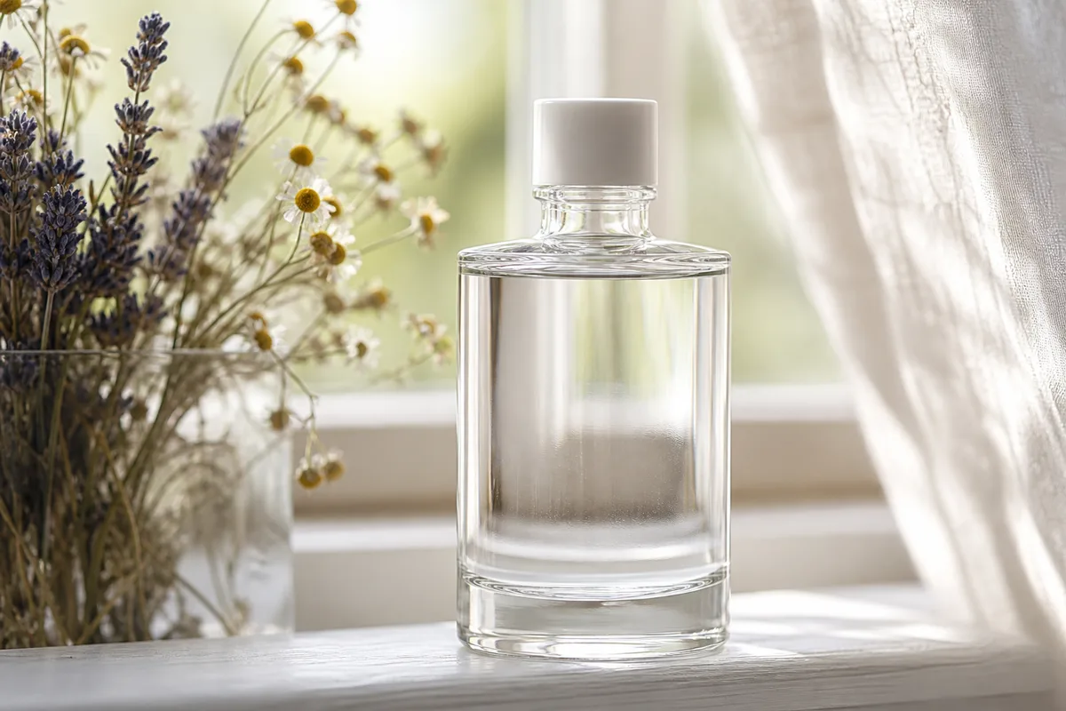 Flacon de lotion démaquillante transparente près d’un bouquet de fleurs séchées