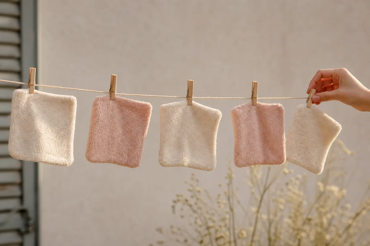 Lingettes démaquillantes lavables en coton éponge séchant sur un fil