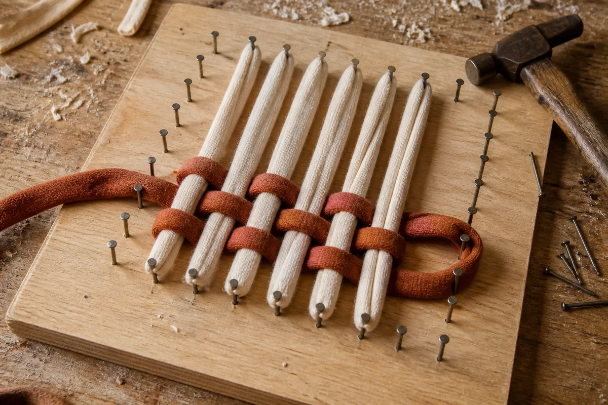 Métier à tisser artisanal en bois cloué avec anneaux de tissu tendus en cours de tissage