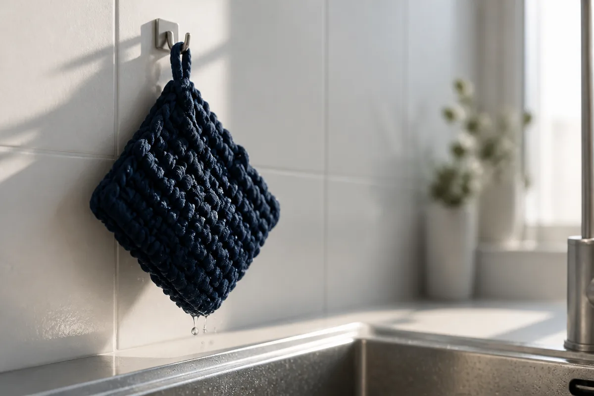 Éponge tawashi suspendue à un crochet au-dessus d&rsquo;un évier, gouttes d&rsquo;eau et lumière du matin