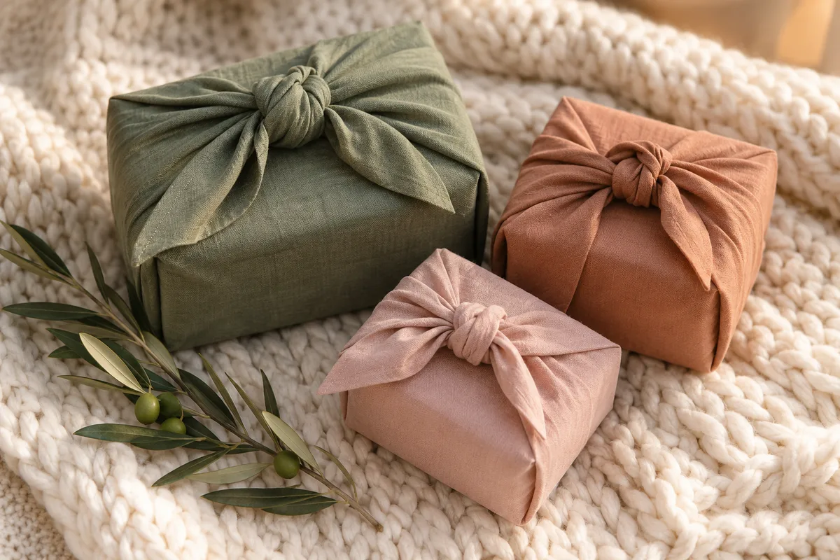 Paquets cadeaux emballés dans des tissus unis aux couleurs douces, posés sur un plaid