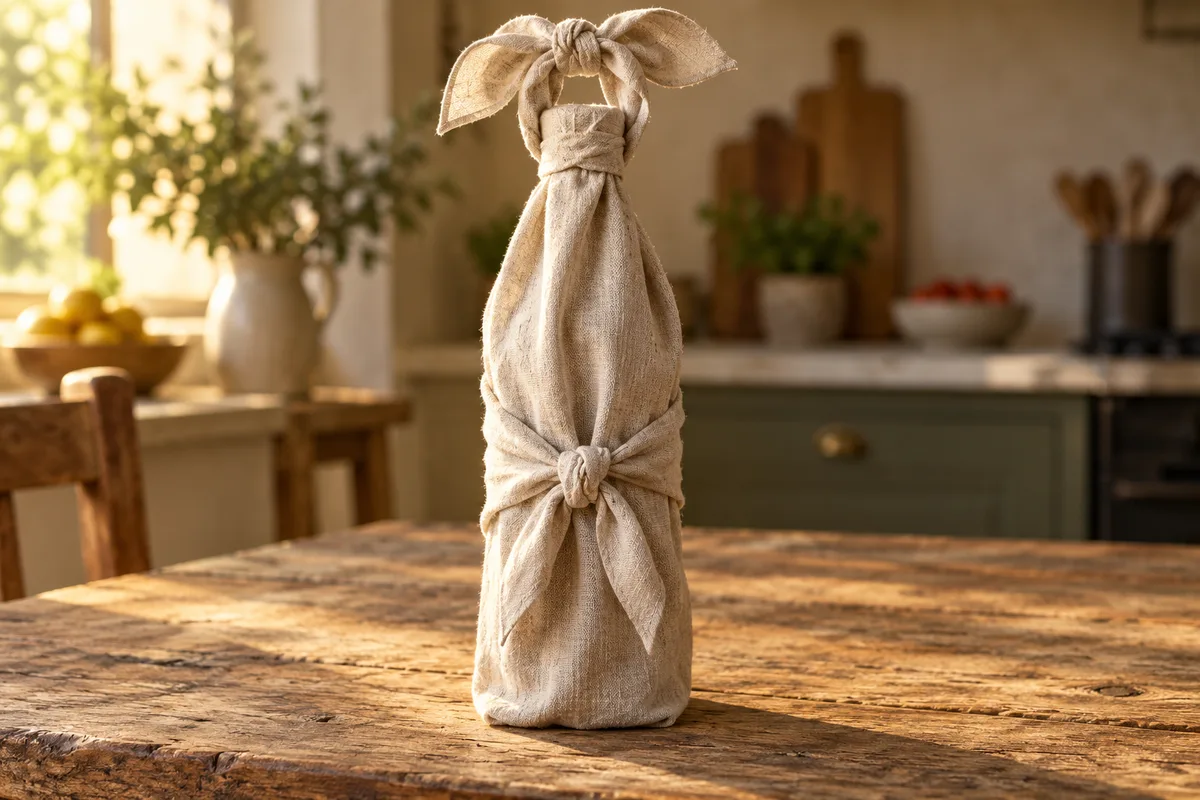 Bouteille enveloppée dans un carré de lin naturel noué en anse sur une table