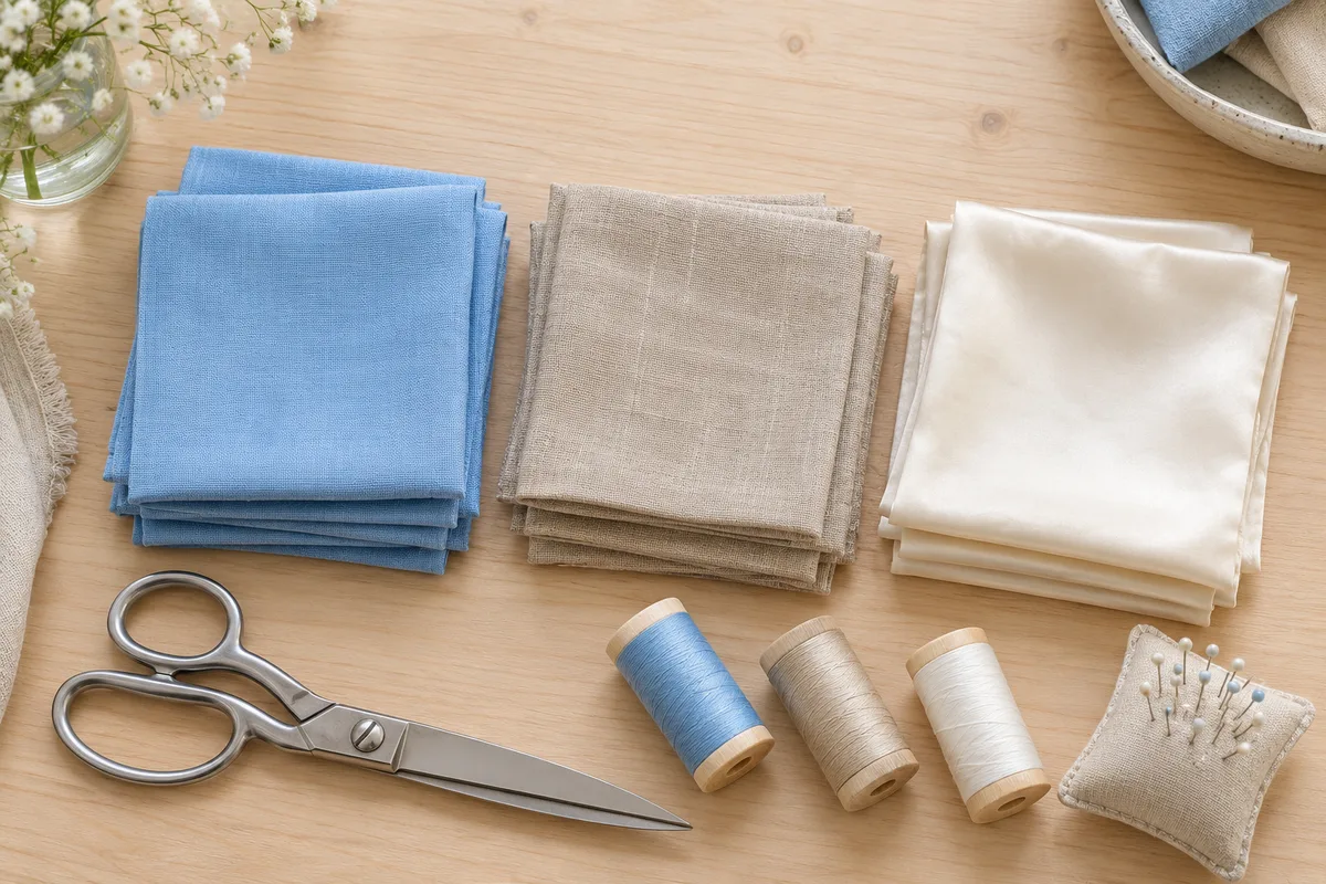 Carrés de tissu pliés avec ciseaux de couture et bobines de fil sur un plan de travail lumineux