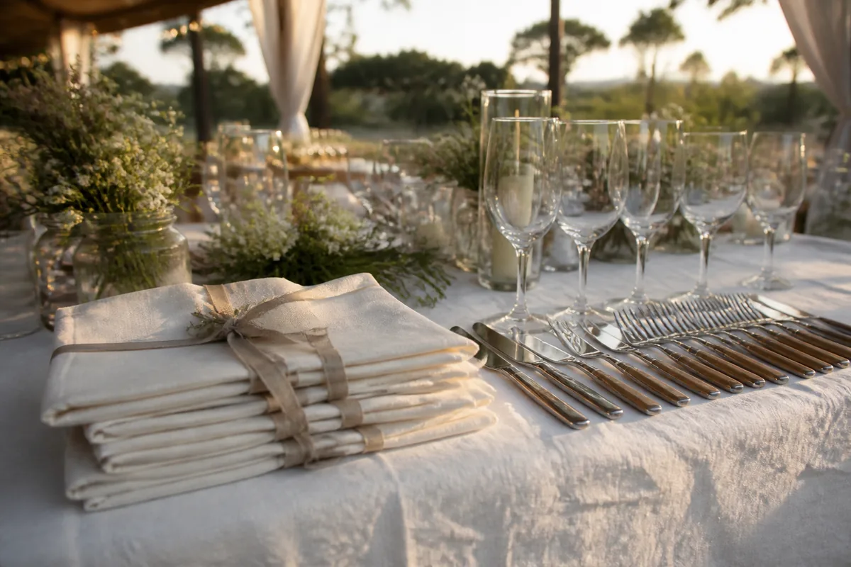 Nappe en lin froissé, serviettes pliées et rubans de coton posés sur une table de réception
