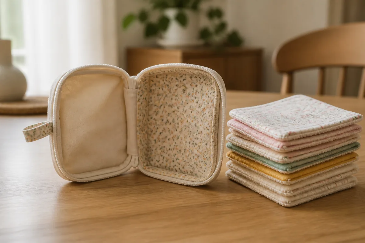 Pochette en coton à deux compartiments posée près d’une pile de mouchoirs pliés