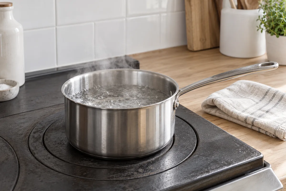 Petite casserole d’eau frémissante sur une plaque dans une cuisine lumineuse