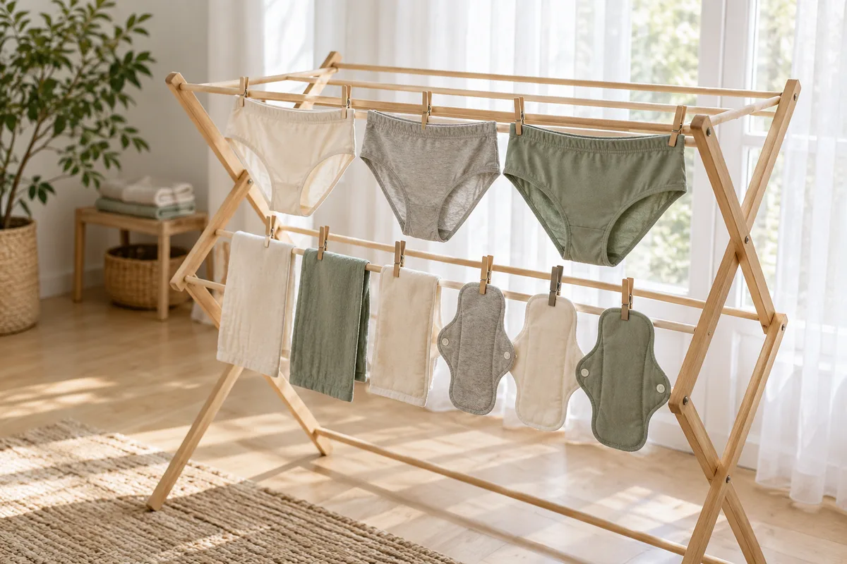 Culottes et serviettes en coton unies sur un étendoir près d’une fenêtre
