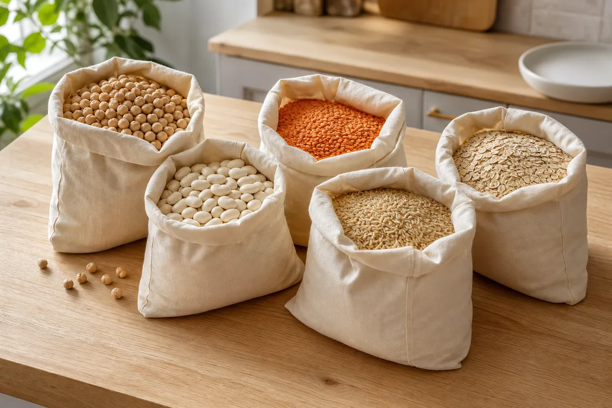 Sacs à vrac en coton écru remplis de légumes secs sur une table en bois