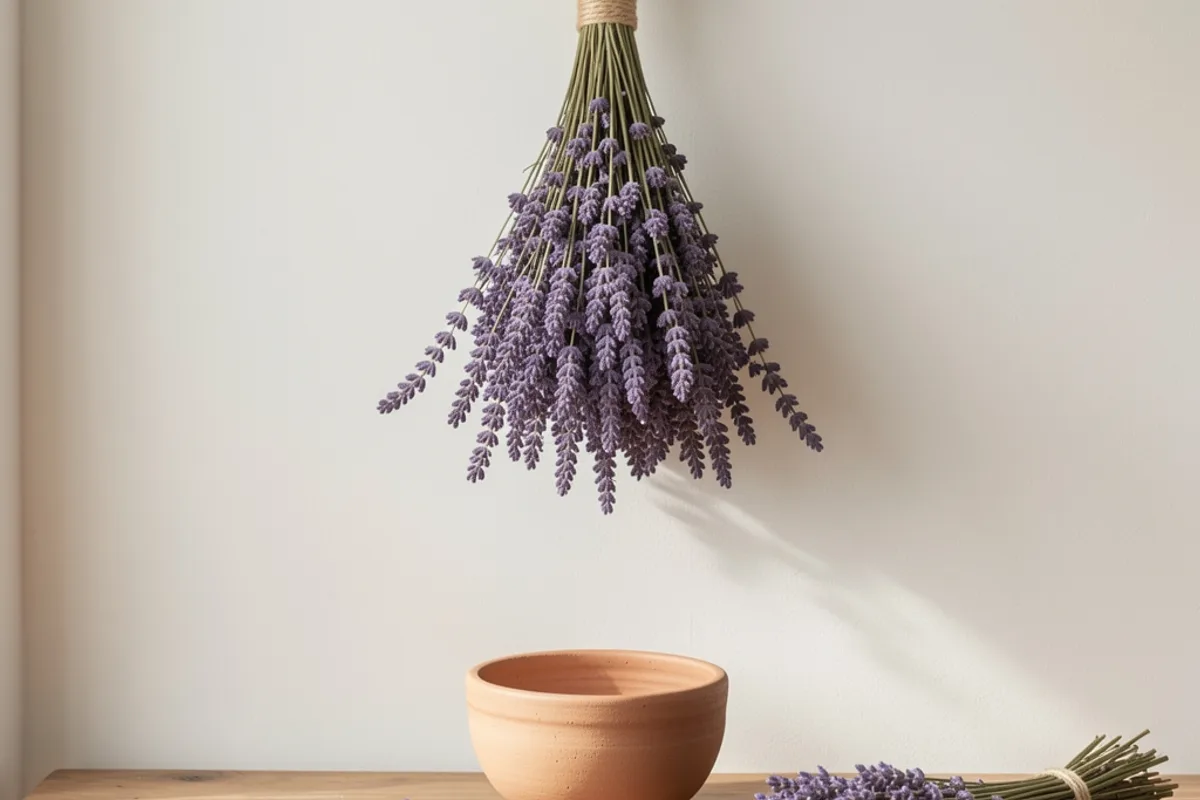 Bouquet de lavande séchée suspendu tête en bas devant un mur clair, fleurs égrainées dans un bol