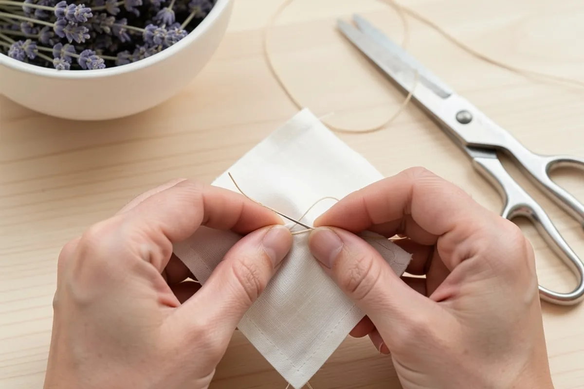 Mains qui cousent à la main l&rsquo;ouverture d&rsquo;un petit carré de tissu, bol de fleurs de lavande et ciseaux