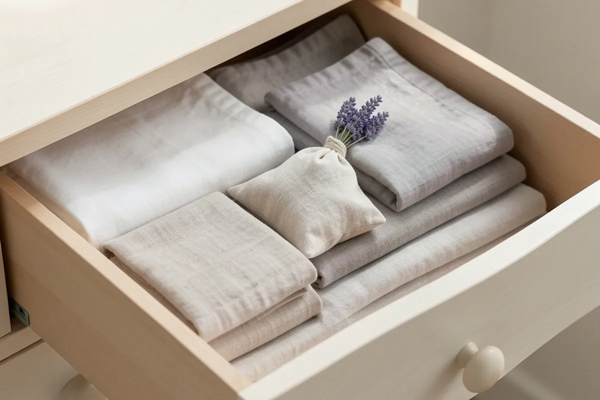 Tiroir de commode en bois clair ouvert, linge plié et sachet de lavande glissé entre deux piles